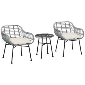 Outsunny 3 Piece Patio Set, Outdoor Bistro Furniture, PE Rattan Wicker Table and Chairs, Cushioned, Hand Woven, Modern Look with Tempered Glass for Ga