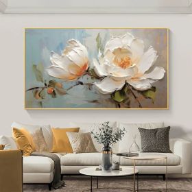 Hand Painted Large Original White Floral Oil Painting On Canvas Textured Wall Art Palette Knife Painting Living Room Wall Art Floral Calming Painting (Style: 1, size: 120x240cm)